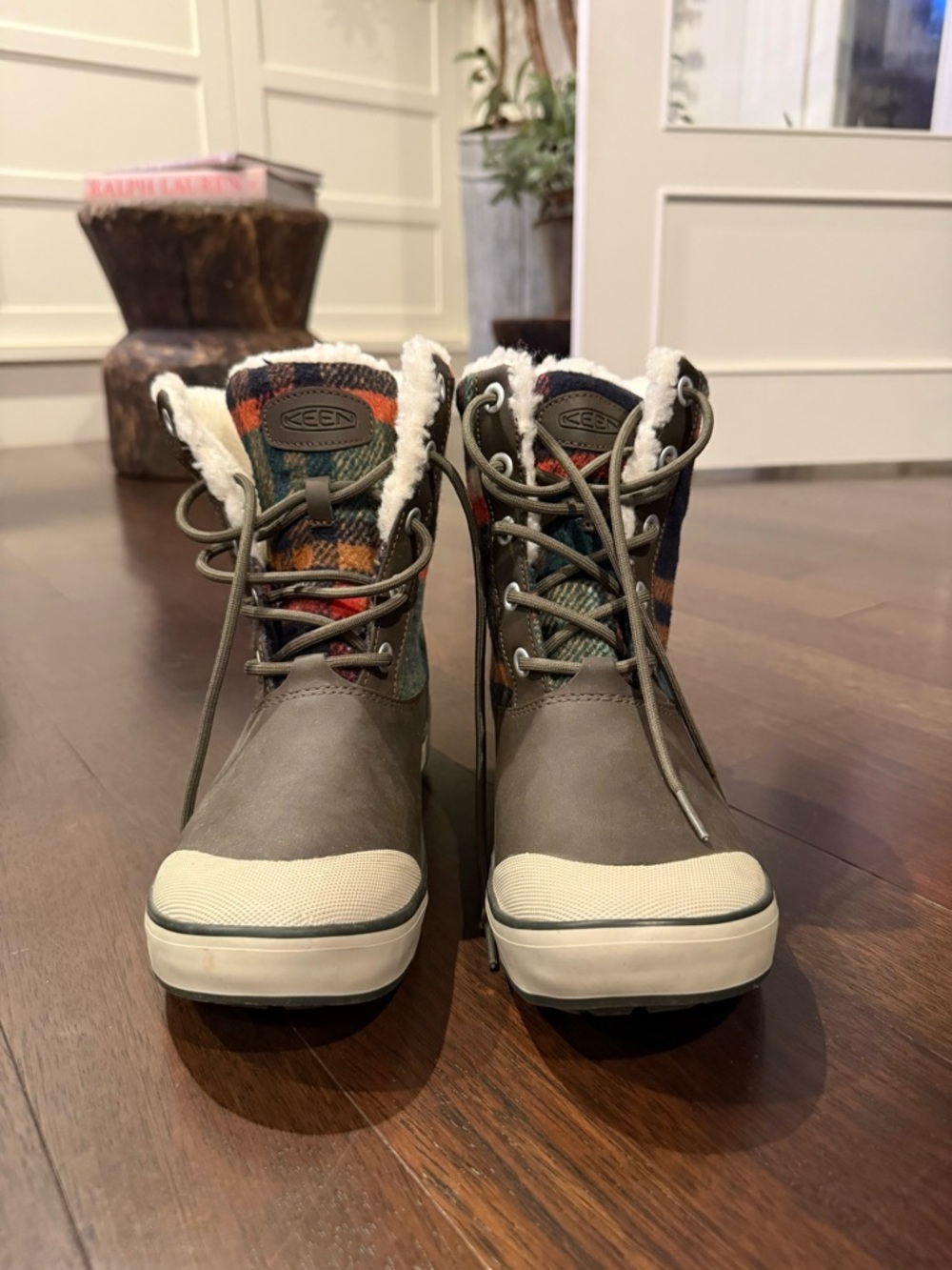 Keen Olive Red Plaid Cream Faux Fur Rain Snow Boots Water Proof